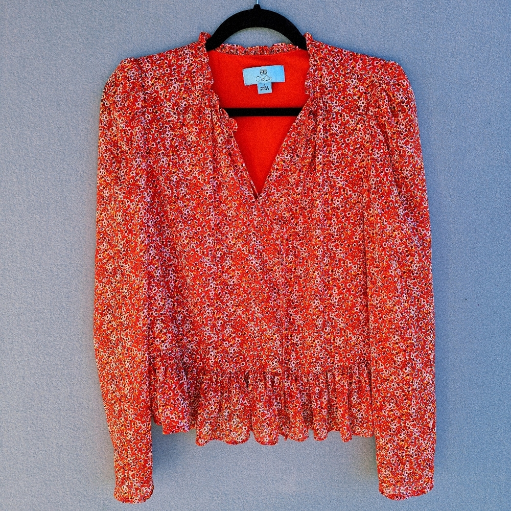 CeCe Red Floral Long-Sleeve Blouse